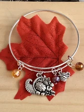 Thanksgiving Cornucopia & Pumpkin Fall Silver charm Expandable Bangle Bracelet