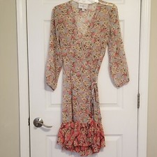 ANALILI Spring Easter Wrap Dress Turquoise Coral Floral Sheer Small Made in USA