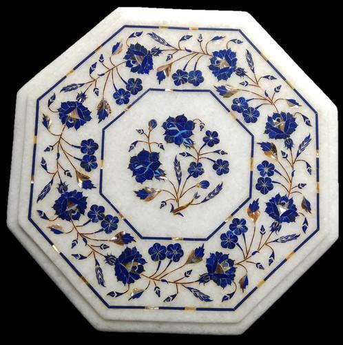 12-inch marble table with lapis lazuli floral inlay art handmade decor