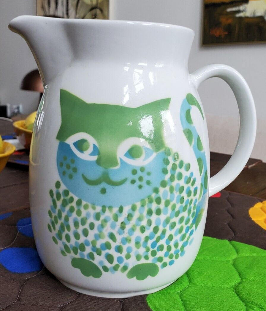 Arabia Finland Midcentury Blue Green Kissa Cat Large Pitcher Kaj