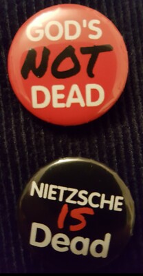 NIETZSCHE IST TOT schwarz und GOD IST NICHT TOT rot one inch [2,5cm] Button Badge Set