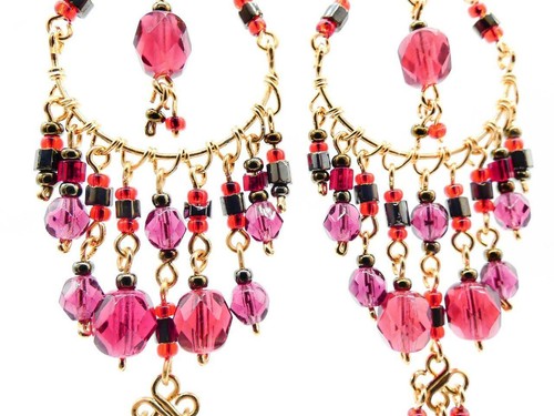 ARTISANAL Red Fuchsia Pink Smoky Hematite Crystals Gold Chandelier Earrings - Picture 2 of 5