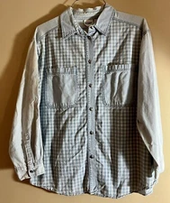 Gitano Women’s 18W Blue Denim Checkered Striped Button Up Long Sleeve Blouse