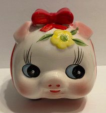 Cute Ceramic Pig W/Red Ribbon Coin Bank , 5.5 H