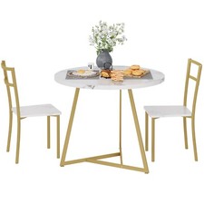 Dining Set for 2 Round Table and 2 Chairs Small Space Kitchen Wood Top Dinette