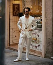White Men Linen Suit Summer Casual Beach Party Prom Groom Tuxedo Wedding 2 Piece
