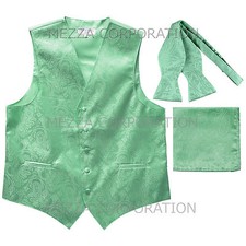 New Men's aqua green vest Tuxedo Waistcoat self tie bow tie and hankie set prom