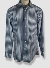 496 Ermenegildo Zegna Men's Blue Stripe Button-Up Dress Shirt Size 38/15.5