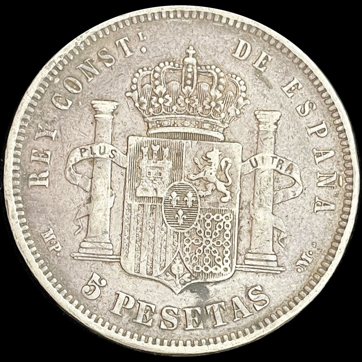 1890 MP M SILVER SPAIN 5 PESETA BABY ALFONSO XIII 1ST