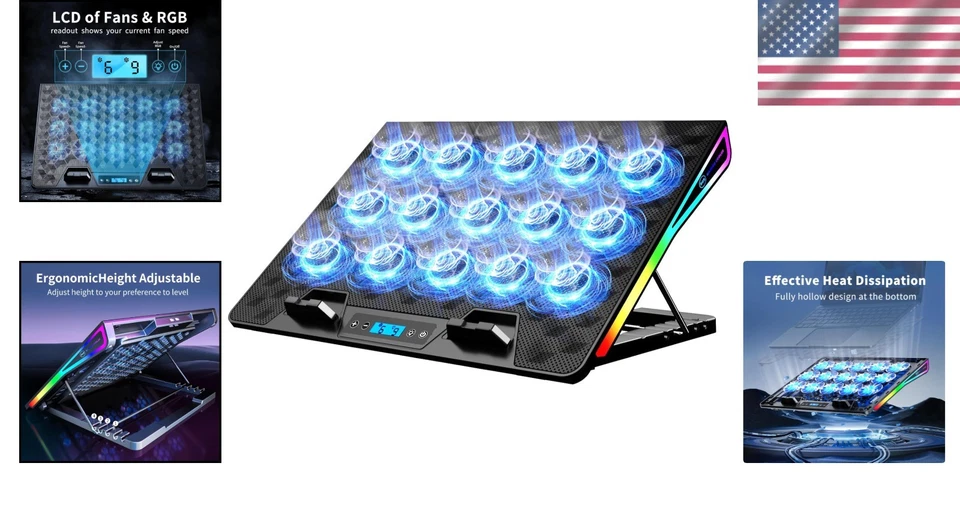 Охлаждающая подушка для игрового ноутбука с 15 тихими вентиляторами и RGB - эргономичный регулируемый дизайн - Изображение 2 из 4
