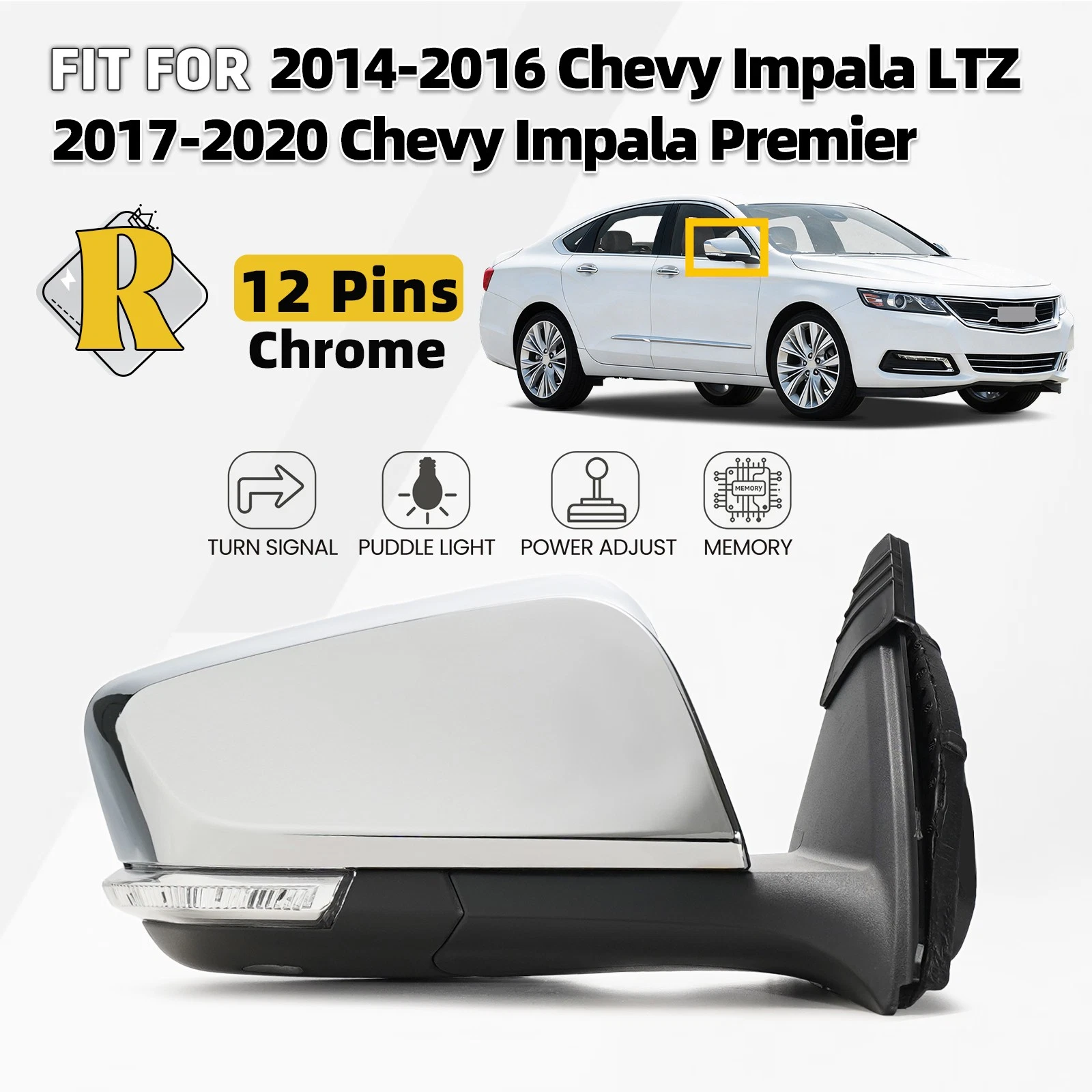 Right Side Mirror For 2014-2020 Chevy Impala w/Turn Signal &Memory Chrome 12Pins