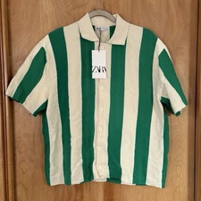 Zara Men's Knit Vertical Stripes Collared Button Down Shirt Beige/Green Sz M NWT