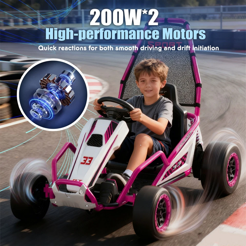 24V Kids Electric Go Kart 7AH Electric Drift Kart Car for Age 6+,400W Motor,Pink - Image 3 of 4
