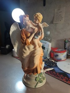 Bisque Angel Figurine With Child Hand Painted 10.5 inches
