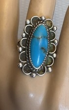 Vintage Navajo Sterling Silver Turquoise Ring Long Oval Traditional size 8