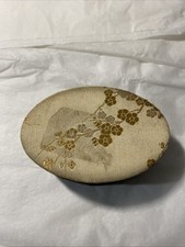 Vintage Oval Asian Sakura Flower Wood Silk Jewelry Trinket Box