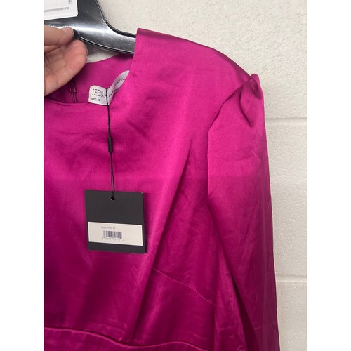 Robe midi cocktail soyeuse neuve avec étiquette Mac Duggal taille 10 rose col haut satin manches 3/4 - Photo 8 sur 10