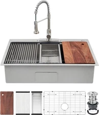 30"x18"x9" Drop-In Stainless Steel Kitchen Sink Single Bowl w/ Pull-Down Faucet