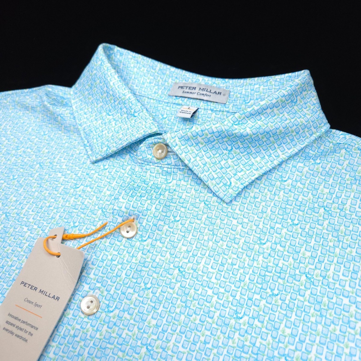 Peter Millar Golf Polo Shirt -L- Aqua Blue White Green Cocktail