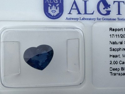 Natural Deep Blue Sapphire - 2.00 Ct -Heart Cut- original ALGT Report & sealed