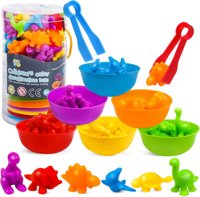Counting Dinosaur Toy Set for Kids   Color Sorting Learning Game with Tweezers A