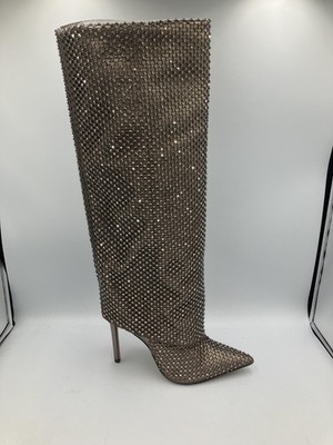 Aldo Boots Womens Size 7 Silver Rhinestone Knee High Sock Stiletto LIVY-SE-022