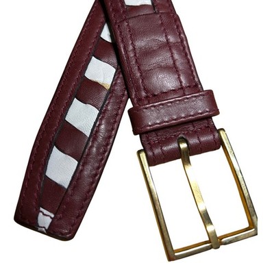 Cedric's Genuine Leather Belt Gold Buckle Burgundy White Stripe Size 34 EUC