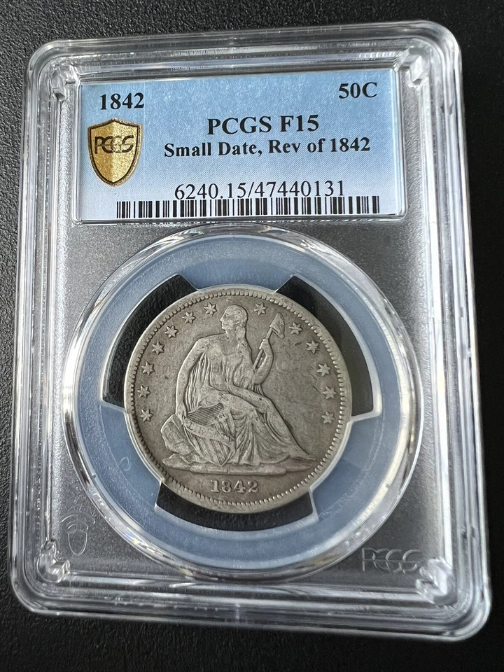 Medio dólar de plata Liberty Seated 1842 raro fecha pequeña rev de 1842 graduación profesional F15 Foto 2 de 4