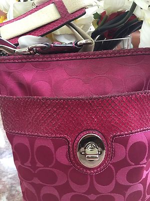 Auth Coach Python Pink Signature Jacquard Lizard Leather Trim Bag