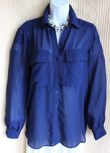 SPENSE Navy Blue Sheer Button Up Blouse 