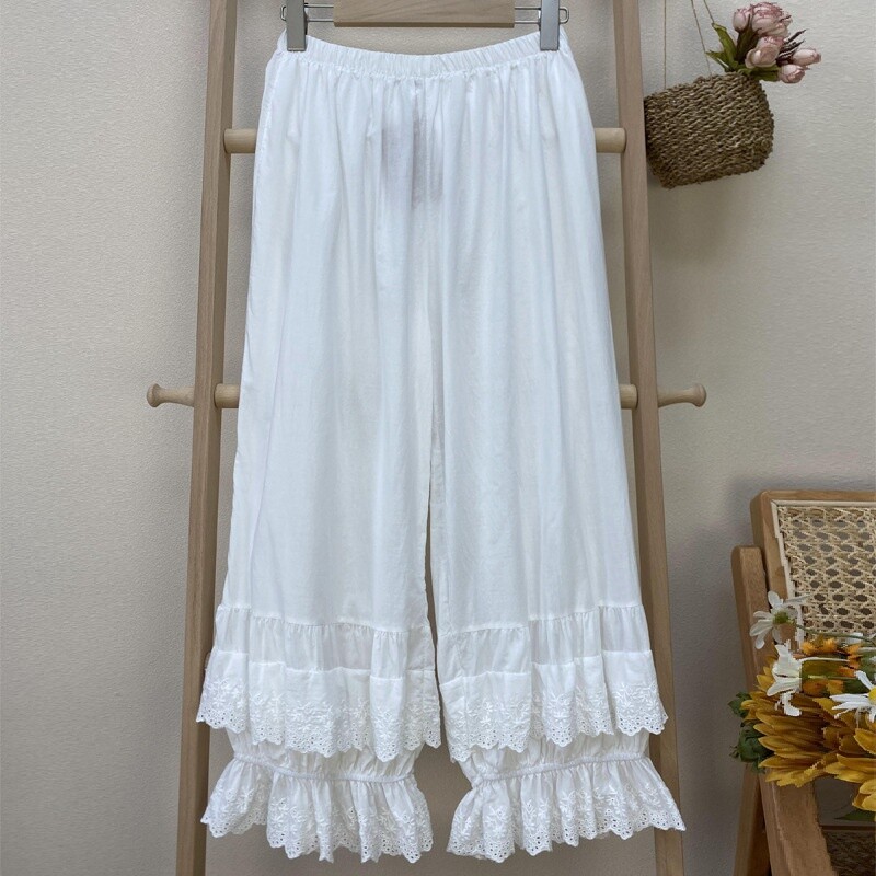 Women Cotton Bloomers Pants Trousers Layered Lace Trim Ruffle Loose Casual  Retro