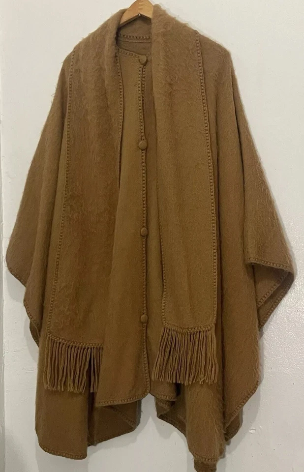 Alpaca Diana Peru Poncho Cape with Attached Scarf - Made in Peru Tan Brown - Image 2 of 4