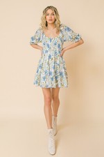 Flying Tomato Floral Scoop Neck Short Sleeve Mini Dress In Blue