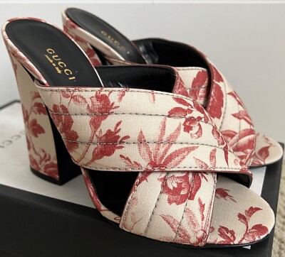 NIB Gucci Webby Herbarium Flora Floral Print Crisscross Mule Pumps 37.5 7.5 $895
