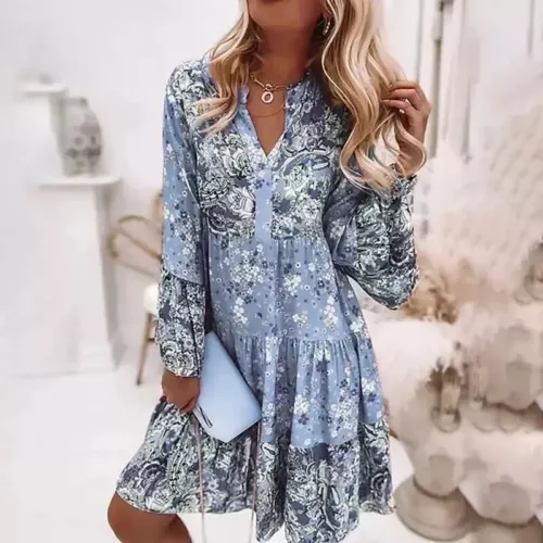 Womens Floral Boho V Neck Loose Dress Ladies Long Sleeve Summer Holiday Sundress