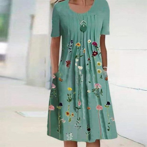 NWT Knee Length Pleated Flower Green Summer Midi Dress Size Small S Free Shippin