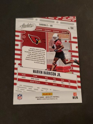 Marvin Harrison Jr. 2024 Absolute RC rojo y azul paralelo #104 Arizona Cardinals - Imagen 2 de 2