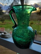 Vintage Green Crackle Glass Pitcher Small about 5 3/8”, not marked