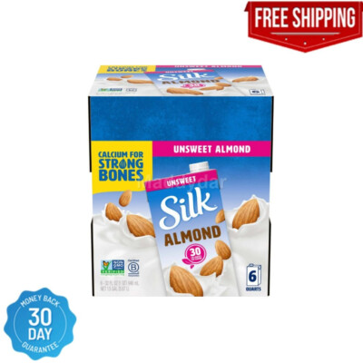 Silk Shelf-Stable Unsweetened Almond Milk (Pack of 6), 1 Quart Free Shipping USA