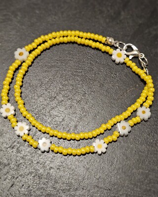 Hand Beaded, Double Yellow Bracelet W/ White Daisy Glass Beads 7'' Length Dbld