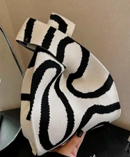 Knit Wristlet Or Handle Pouch Bag Purse Lihtweight Foldable White / Black Geo