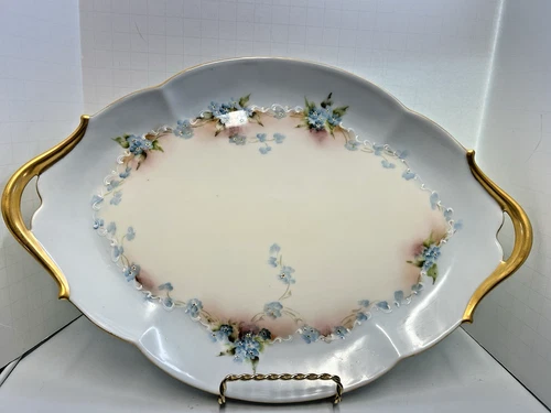 T&V LIMOGES FRANCE HAND PAINTED ARTIST SIGNED J BAUER BABY BLUE GOLD 13" TRAY