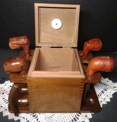 pipe holder with tobacco jar Scotte Wooden Stand,For 2 Smoking Pipes Rack Holder,Include Tobacco Jar/Cigar Herb Container Hygrometer and Humidifier,Practical Smoking Accessories : Health & Household Vintage Humidor Pipe Stand and