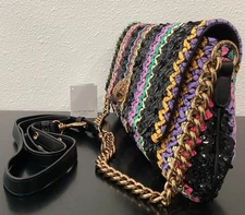 Kurt Geiger Long Kensington Rainbow Woven Black Sequins 2 Straps 14"x6.5"x3" P2