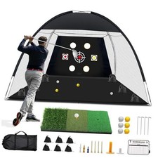 Golf Net, 10x7 Ft Practice Hitting Golf Net with Tri-Turf Mat, Ball, Tee, and