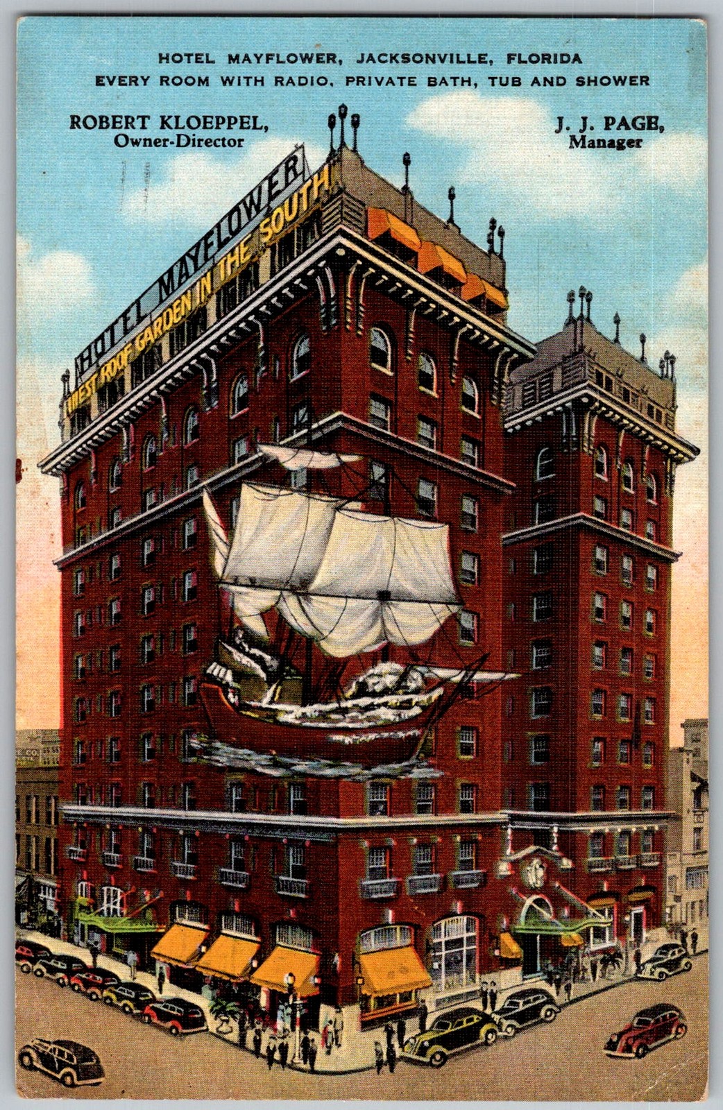 Vtg Linen Postcard Hotel Mayflower Facade Jacksonville, FL 1940s
