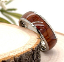 Natural Wood Inlay Comfort Fit Wedding Band Durable 8mm Unisex Titanium Ring