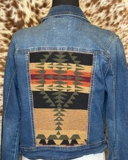OOAK UpCycled Western Jean Jacket Rustic Aztec Pendleton wool Rustic colors -SM