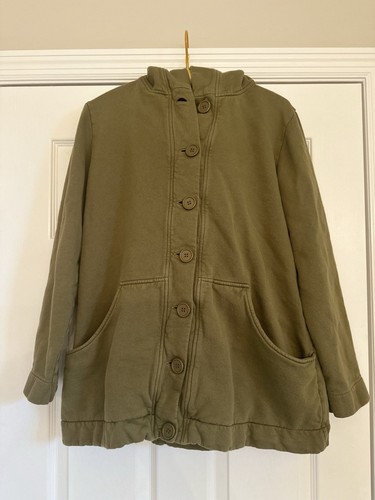 Fair Indigo Organic Pima Cotton Button Down Jacket Hooded Womens Sz L Green Eco