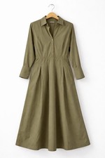 Olive Green Cotton Collared Long Sleeve Button Shirt Dress Pleated High Waist